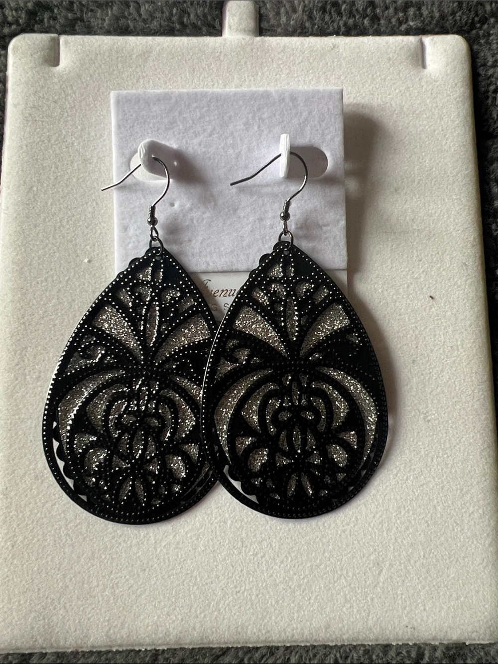 Black Filigree Teardrop Earrings with Sparkling Silver Inset